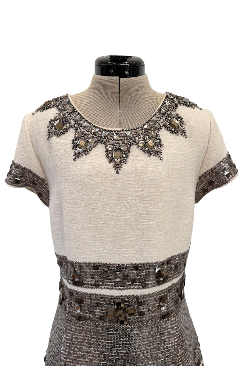 Superb Fall 2007 Oscar de la Renta Runway Look 38 Sequin & Bead on Ivory Boucle Wool Runway Dress