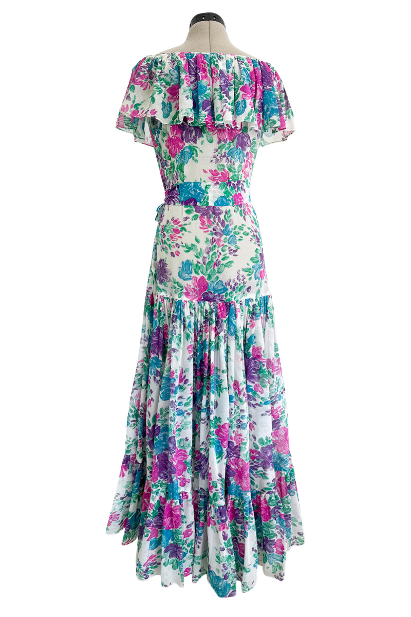 Prettiest Spring 1980 Yves Saint Laurent Floral Cotton Gauze Wide Shoulder Dress w Matching Tie Belt