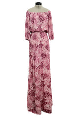 Gorgeous Spring 1976 Yves Saint Laurent Runway Pink Floral Silk Jersey Off Shoulder Dress