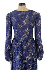 1970s Lanvin by Jules-Francois Crahay Demi-Couture Metallic Gold Detailing Blue Dress