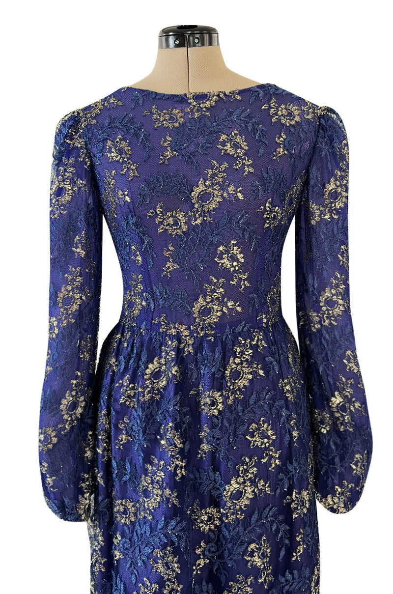 1970s Lanvin by Jules-Francois Crahay Demi-Couture Metallic Gold Detailing Blue Dress