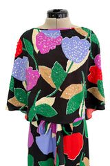 Prettiest 1970s Mr Blackwell Custom Black Jersey Dress w Bright Print & Sequin Detailing