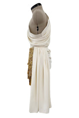 Spring 1990 Hubert de Givenchy Haute Couture Runway Ivory Silk Dress w Gold Metal Detailing