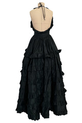 c 1970 Oscar de la Renta Black Silk Taffeta Backless Halter Neck Dress w Extensive Ruffle Detailing