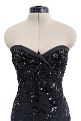 Fall 1992 Emanuel Ungaro Strapless Sequin SIlk & Lace Black Dress w Fringed & Beaded Hem