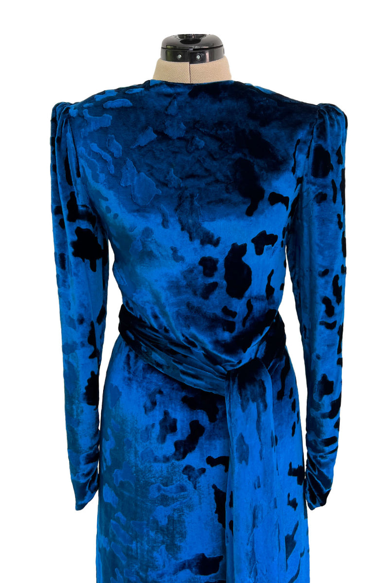 Fabulous Fall 1986 Bill Blass Runway Brilliant Blue Silk Velvet Dress w Open Cut Out Back