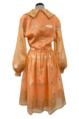Prettiest 1960s Oscar De La Renta Peach Iridescent Silk Organza Dress w Gold Thread Detailing