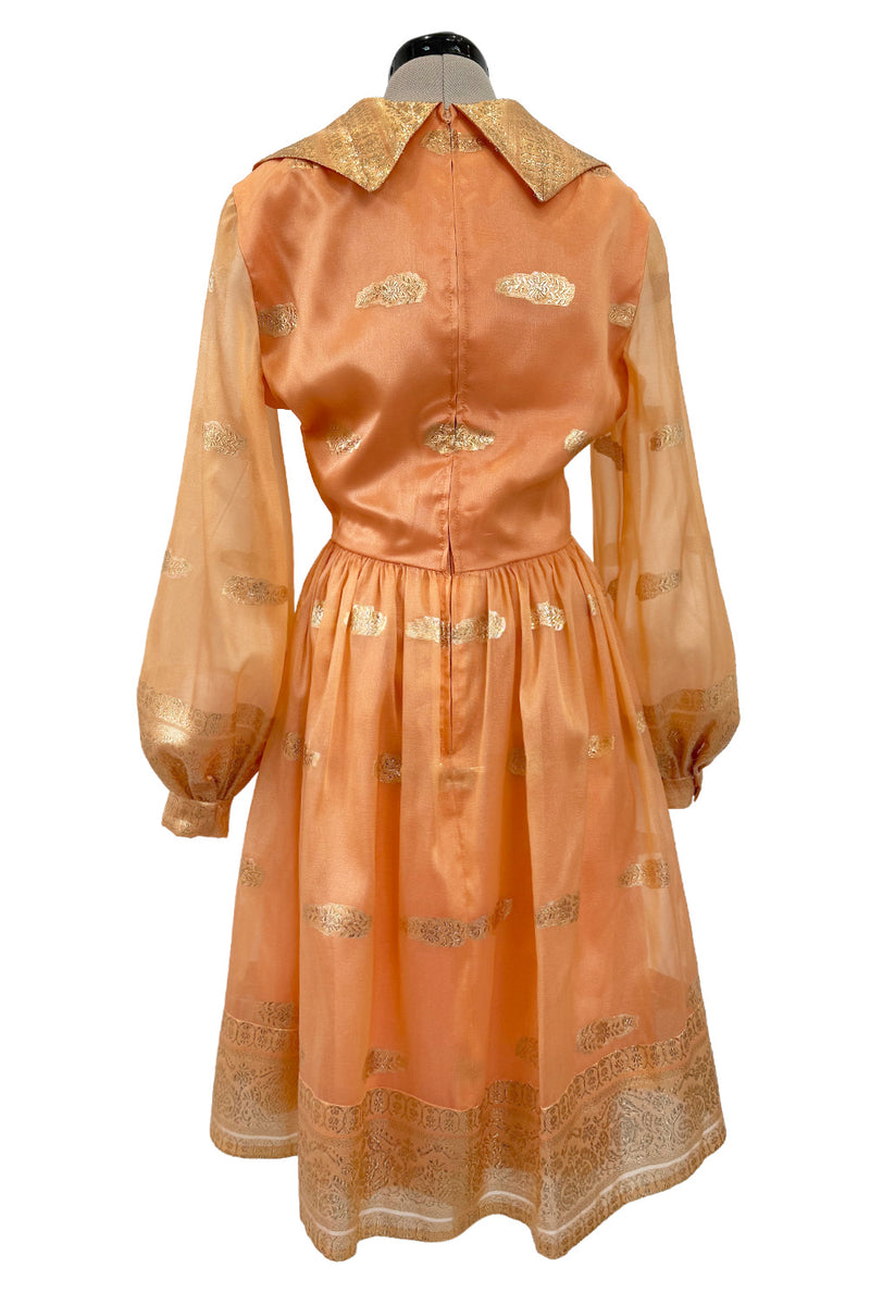 Prettiest 1960s Oscar De La Renta Peach Iridescent Silk Organza Dress w Gold Thread Detailing