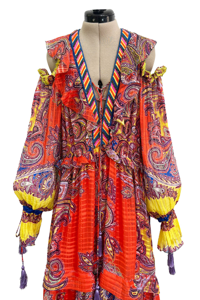 Recent Etro Gorgeous Printed Coral Ribbon Silk Chiffon Caftan Dress w Plunge Lace Up Neckline