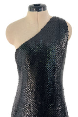Museum Held 1974 Bill Blass One Shoulder Glossy Black Sequin Dress w Asymetrical Fringe Hem