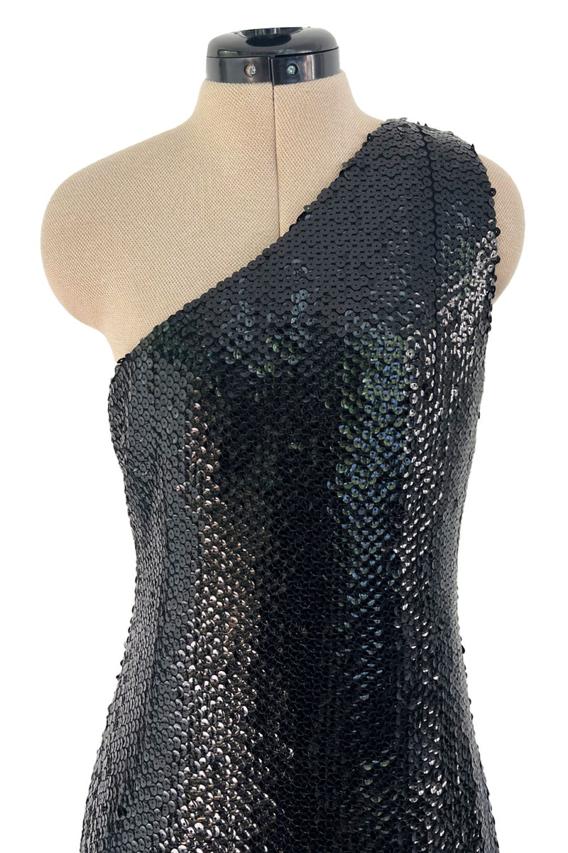 Museum Held 1974 Bill Blass One Shoulder Glossy Black Sequin Dress w Asymetrical Fringe Hem