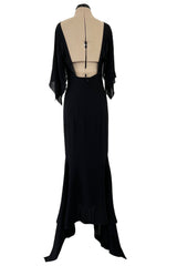 Fall 1993 Chanel by Karl Lagerfeld Black Silk Chiffon Dress w Flutter Sleeves & Low Open Back