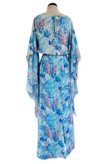Dreamy 1970s Pierre Cardin Blue Floral Print Silk Chiffon Dress w Long Angel Sleeves