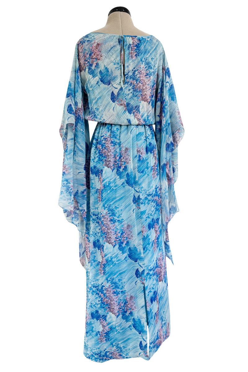 Dreamy 1970s Pierre Cardin Blue Floral Print Silk Chiffon Dress w Long Angel Sleeves
