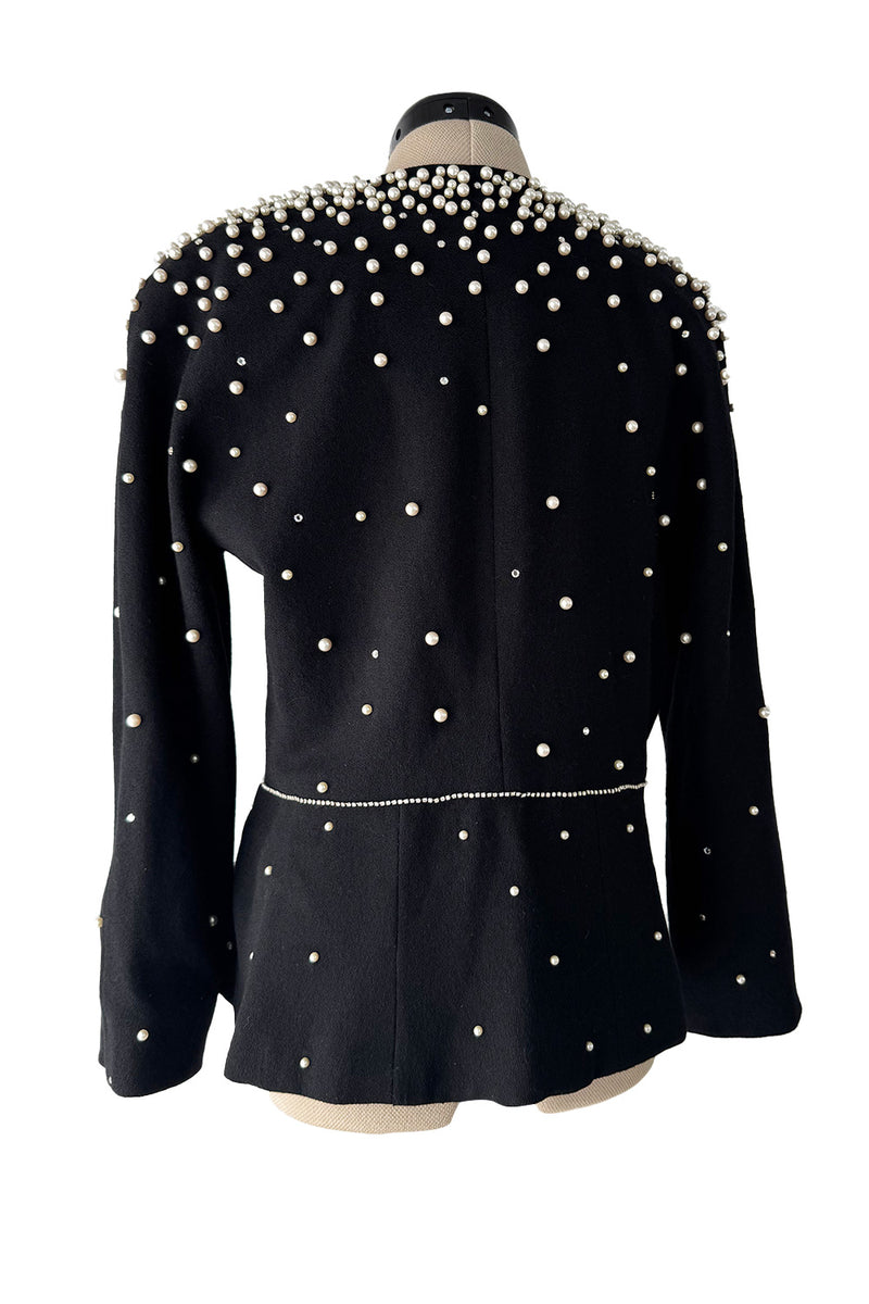 Incredible 1980s Givenchy Black Crepe Jacket w Pearl & Rhinestone Applique