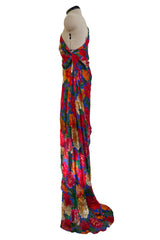 Exquisite Fall 1997 Yves Saint Laurent Brilliant Multi Floral Printed Silk Chiffon Bias Cut & Draped One Shoulder Dress
