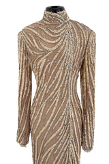 Incredible & Rare 1980s Bob Mackie Well Documented Ivory Sequin & Nude Stretch Net High Slit Dress