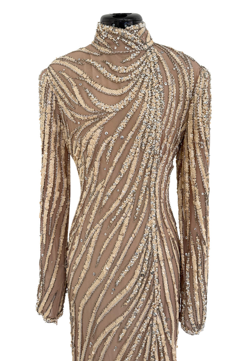 Incredible & Rare 1980s Bob Mackie Well Documented Ivory Sequin & Nude Stretch Net High Slit Dress