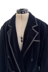 Iconic 1970s Yves Saint Laurent Midnight Blue Velvet Jacket w Ribbon Trimmed Edges