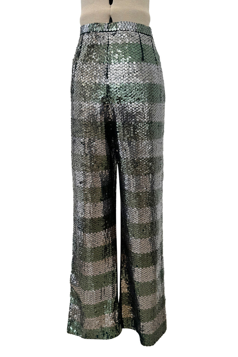 Amazing 1970s Yves Saint Laurent Couture Attrb Fully Sequin Green Gold Silver Wide Leg Pants