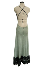 Incredible 1990s Geoffrey Beene Couture Dusty Green Jersey Plunge Dress w Sequins