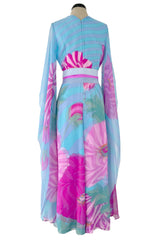 Dreamy c. 1969 Hanae Mori Couture Printed Silk Chiffon Jumpsuit w Floor Length Angel Sleeves