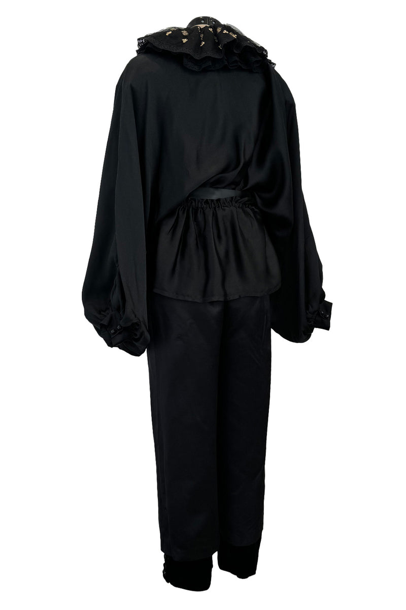 Fabulous 1970s Valentino Black Silk Cropped Pants & Black Silk Top Set w Gold Detailed Ruffled Collar