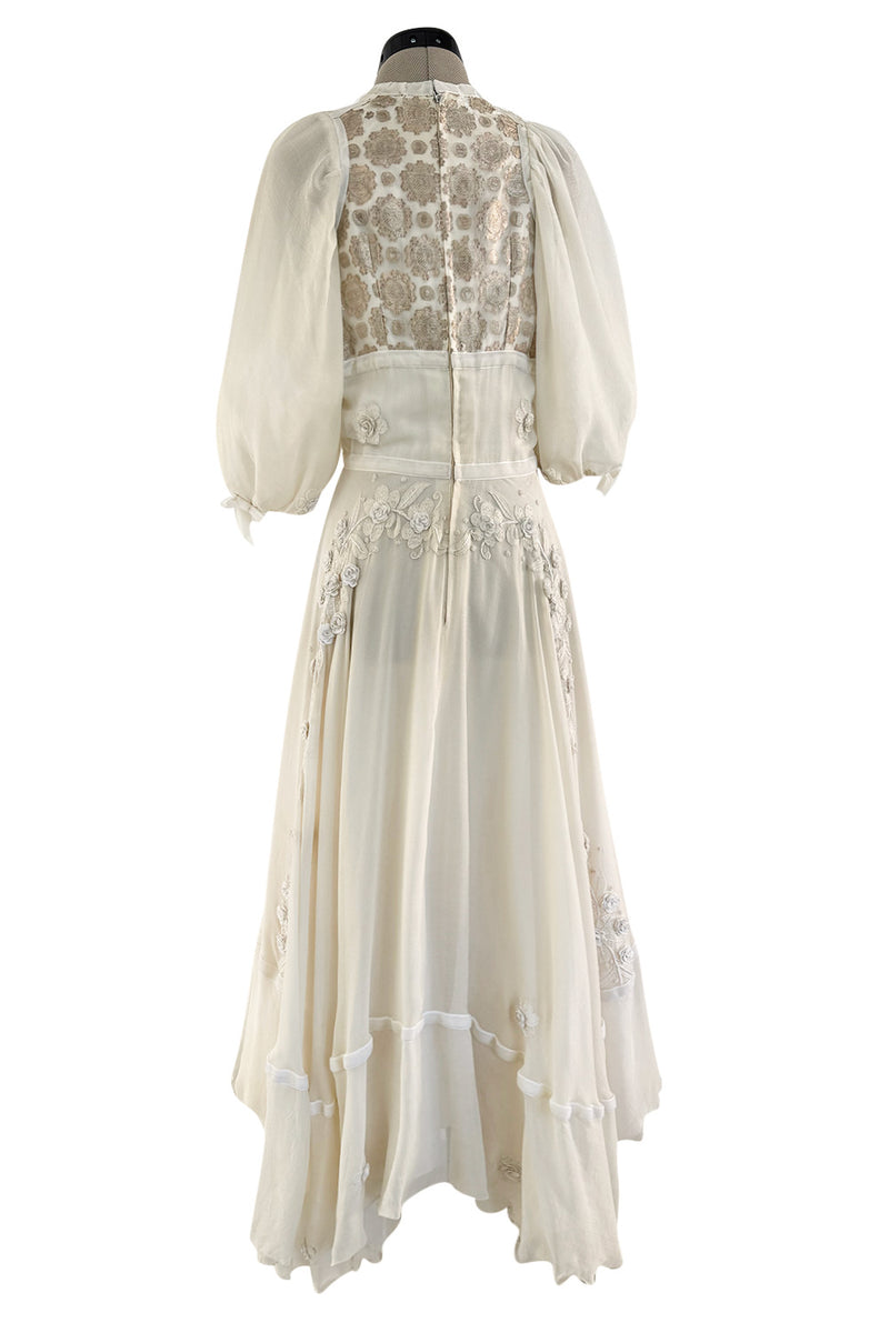 Rare 1969-75 Thea Porter Couture Embroidered Silk Organza & Gold Metallic Dress w Balloon Sleeves