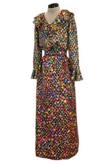 Numbered 1970s Christian Dior by Marc Bohan Demi-Couture Metallic Multi Color Silk Set