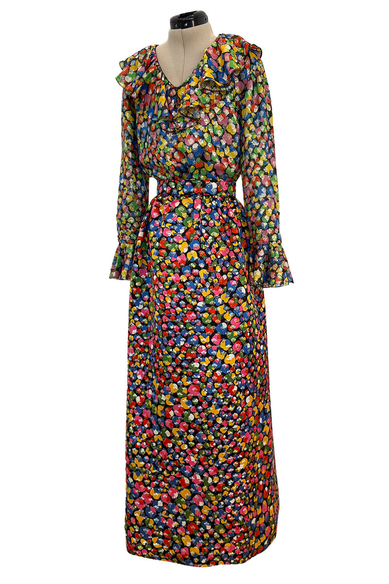 Numbered 1970s Christian Dior by Marc Bohan Demi-Couture Metallic Multi Color Silk Set