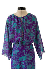 1976 Christian Dior by Marc Bohan Printed Purple & Turquoise Silk Chiffon Skirt & Jacket Set
