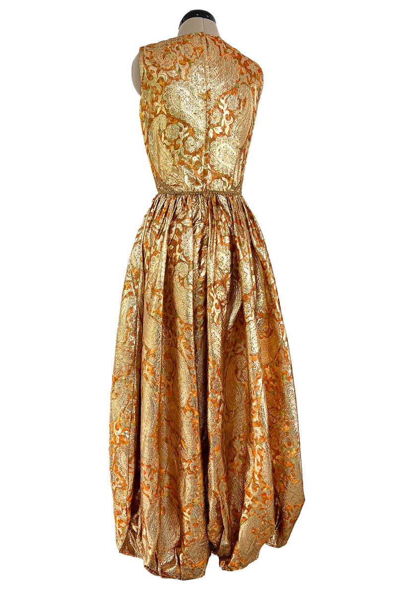 Incredible 1960s Unlabeled Gold Metallic Brocade Pouf Leg Jumpsuit w Gold Cord & Bead Detailing