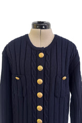 Fantastic 1980-90s Louis Feraud Deep Blue Cable Knit Cardigan Sweater w Metal Gold Tone Buttons