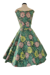 Gorgeous 1950s David Hart Organza Covered Cotton Floral Print Dress w Sequin Detailing