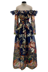 Prettiest 1960s Oscar de la Renta Metallic Thread Detailed Silk Organza Printed Off Shoulder Dress
