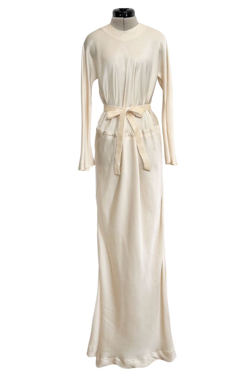 halston silk dress 1970s Halston Couture by Roy Halston Bias Cut Silk Dress w Flared Sleeves &  Keyhole Back Slit