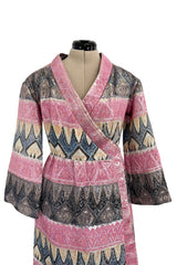 Incredible Fall 1970 Bill Blass Runway Pink Patterned Gold Metallic Thread Dress w Wide Sleeves