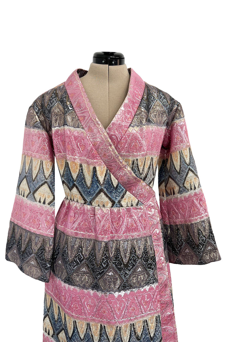 Incredible Fall 1970 Bill Blass Runway Pink Patterned Gold Metallic Thread Dress w Wide Sleeves