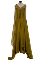 Fall 1989 Oscar de la Renta Iridescent Green Gold Silk Chiffon Strapless Dress w Matching Cape