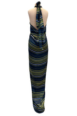 Gorgeous 2014 Lanvin by Alber Elbaz Deep Green & Navy Silk Striped Sarong Dress w Tie Halter