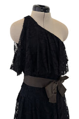 Incredible 1960s Donald Brooks Black Lace Tiered One Shoulder Jumpsuit w Wide Legs & Belt