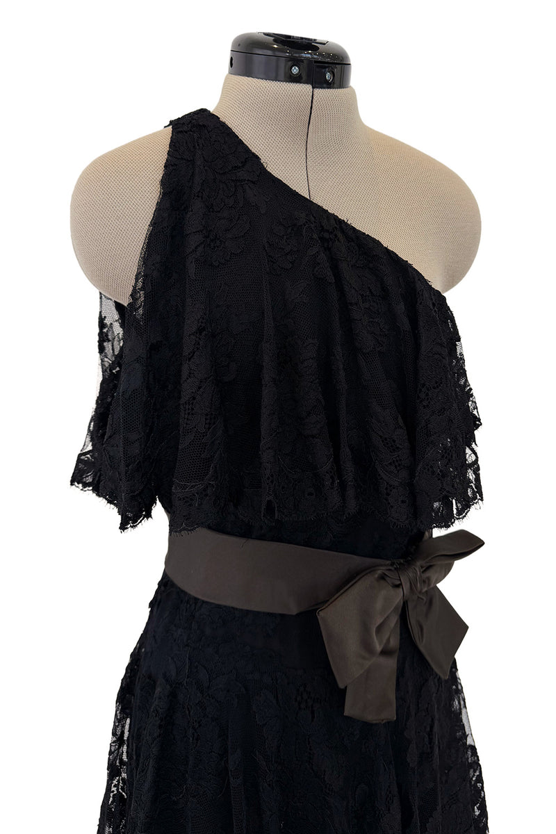 Incredible 1960s Donald Brooks Black Lace Tiered One Shoulder Jumpsuit w Wide Legs & Belt