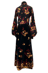 Incredible c. 1972 Original Valentino Three Piece Acorn Print Silk Top, Velvet Skirt & Jacket Set