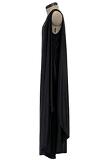Original 1978 Halston Couture Main Label Black Jersey One Shoulder Draped Full Length Maxi Dress
