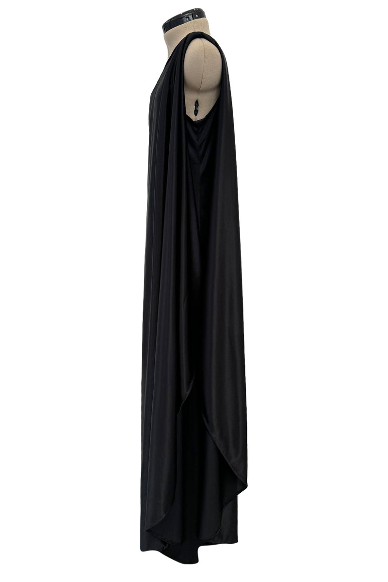 Original 1978 Halston Couture Main Label Black Jersey One Shoulder Draped Full Length Maxi Dress