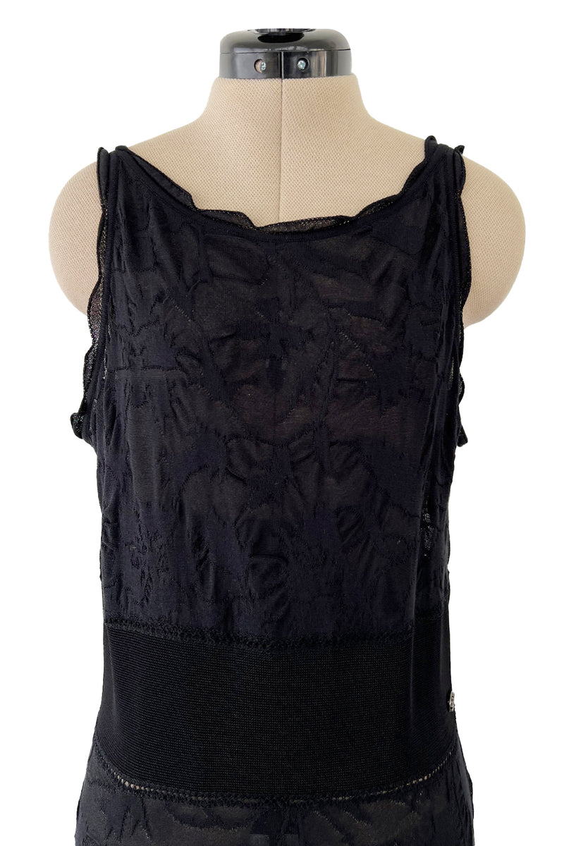 Stunning 2010s Chanel by Karl Lagerfeld Light Weight Black Floral Pattern Knit Dress w Slight Transparency