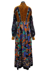 Spectacular 1970s Ronald Amey Demi-Couture Printed Silk, Silk Chiffon & Cut Velvet Dress