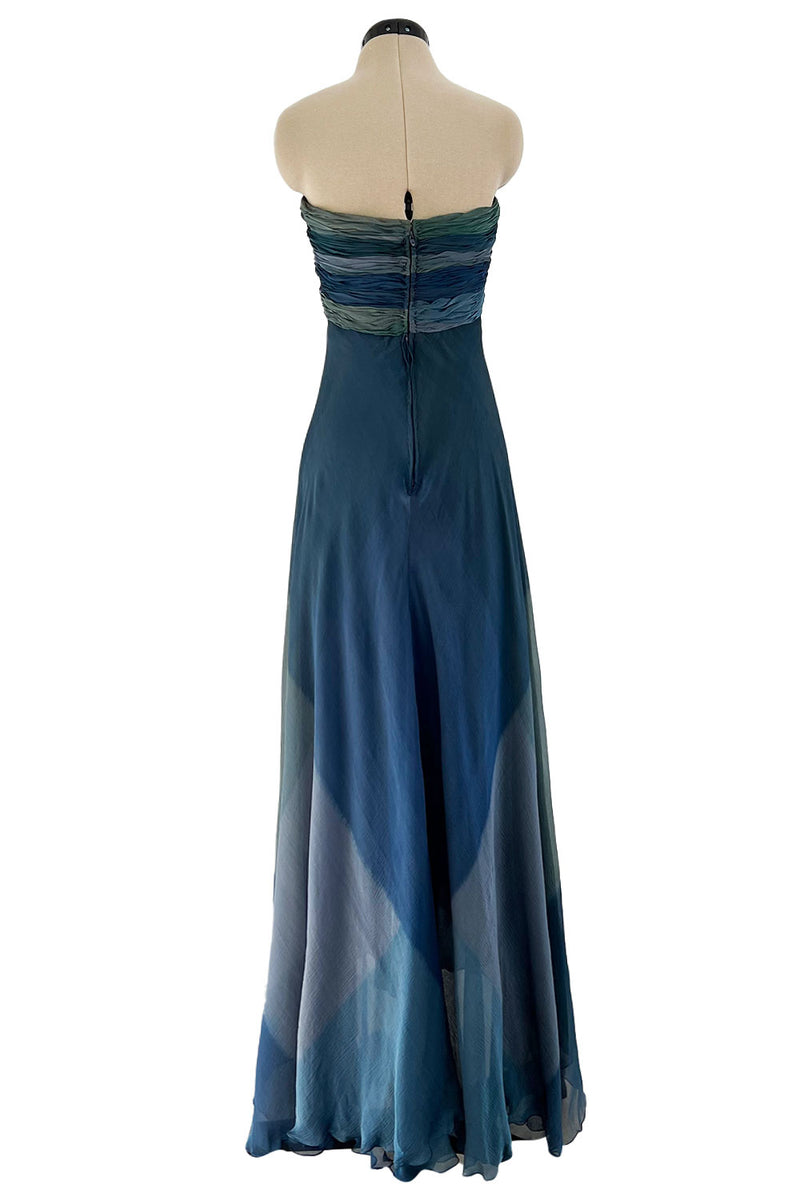 Spring 1990 Oscar De La Renta Ocean Blues Silk Chiffon Strapless Dress Shrimpton Couture Spring 1990 Oscar De La Renta Ocean Blues Silk Chiffon Strapless Dress Shrimpton Couture