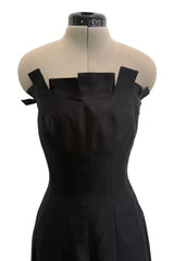 Fantastic c.1983 Thierry Mugler Black Raw Silk Vertical Panel Dress w Car Wash Hem & Silk Chiffon