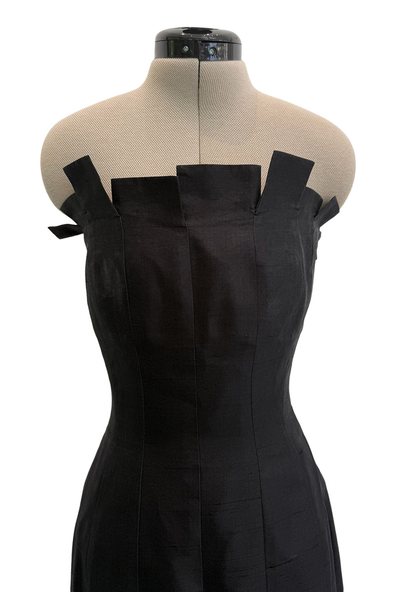 Fantastic c.1983 Thierry Mugler Black Raw Silk Vertical Panel Dress w Car Wash Hem & Silk Chiffon